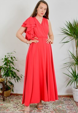 Red evening dress night gown prom maxi party vintage M/L