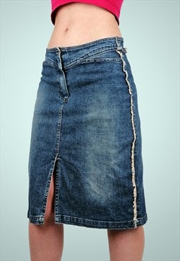 90's Y2K Denim Midi Pencil Skirt Jeans Skirt Frayed Faded