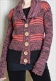 Vintage 70s Purple Black Striped Big Collar Cardigan