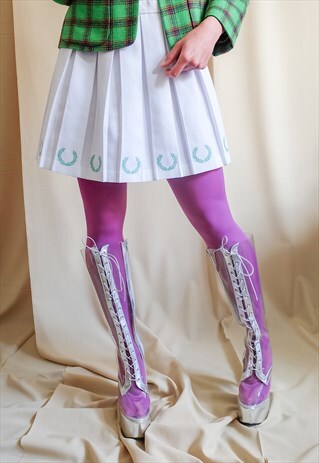 VINTAGE 90S SILVER PVC HIGH HEEL STRIPER PLATFORM BOOTS