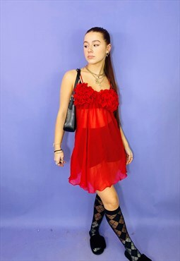 Vintage 90s Red Sheer Mesh Ruffled Mini Slip Dress