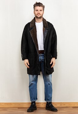 Vintage 90's Men Sheepskin Leather Coat in Black