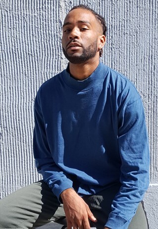 90S MINIMALIST SPORTWEAR MOCK TURTLE NECK BLUE TEE LARGE