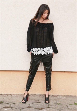 TUNIC LEATHER LACE SWEATER KNITWEAR DRESS PULLOVER F1566
