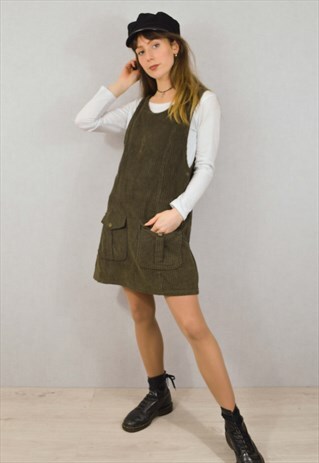 VINTAGE 90S CORDUROY PINAFORE DRESS OLIVE GREEN