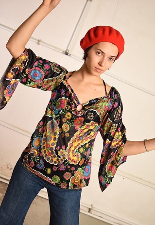 VINTAGE 70'S RETRO FLORAL PRINT KEYHOLE PARIS CHIC TUNIC TOP