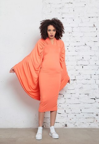 ORANGE DRESS, BATWING DRESS, MIDI DRESS, WIDE SLEEVE DRESS