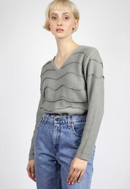Vintage 90s Versace V-neck Knit Sweatshirt Long Sleeve  Grey