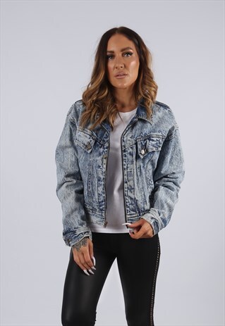 VINTAGE DENIM JACKET OVERSIZED ACID WASH UK 12 M (J3A)