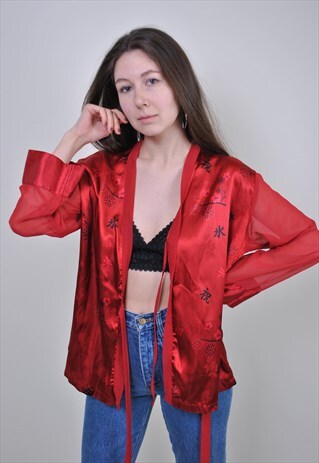 90S RED JAPAN LACE BLOUSE, VINTAGE EVENING SHIRT