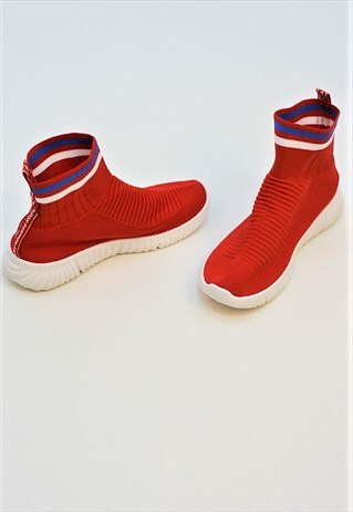RED CHUNKY SOLE HIGH RUNNER SOCK TRAINERS
