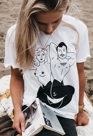 'MERMAID & MERMAN' HAND PRINTED T-SHIRT IN WHITE