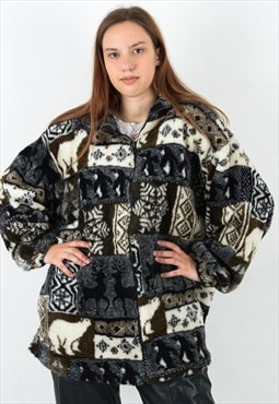 Women's 2XL Printed Fleece Jacket Sherpa Sweatshirt Jumper
