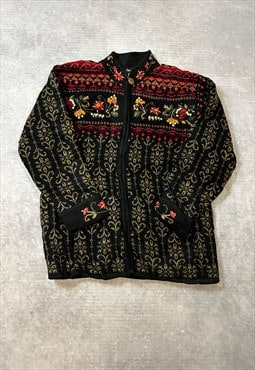 Vintage Knitted Cardigan Flower Patterned Chunky Zip Up