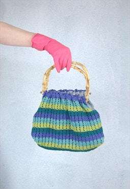 Vintage 90's crochet indie boho handbag in stripped blue 