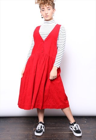VINTAGE 90S RED CORD CORDUROY PINAFORE MIDI DRESS