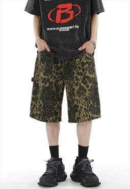 Leopard jean shorts animal print denim pants in green black