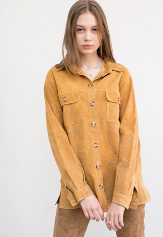 VINTAGE GENUINE LEATHER SHIRT ORANGE SUEDE BUTTON UP JACKET