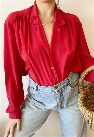 VINTAGE 80S PARISIAN CAMEO GLOSSY BLOUSE SHIRT MINIMALIST
