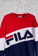VINTAGE FILA SWEATSHIRT RED WHITE BLUE SPELL OUT LARGE