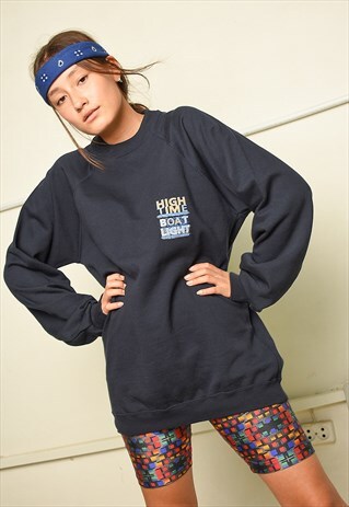 90S RETRO SLOGAN SLOUCHY SWEATSHIRT JUMPER IN NAVY BLUE