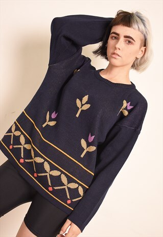 90'S RETRO MARIMEKKO NAVY BLUE FLORAL PATTERN KNIT JUMPER
