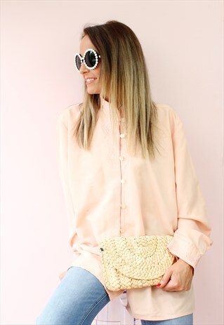 VINTAGE 80'S PEACH MANDARIN EMBROIDERED SHIRT BLOUSE