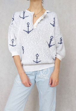 Vintage White Pullover, Blue Anchor Pullover, Medium Size