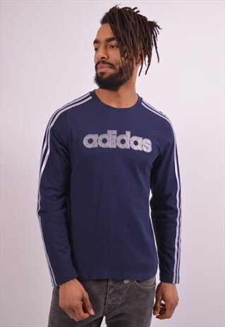 ADIDAS MENS VINTAGE TOP LONG SLEEVE SMALL NAVY BLUE 90S