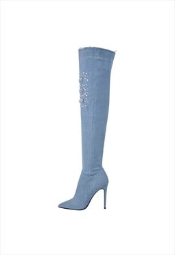 Denim Pointed Toe High Stiletto Over The Knee Boots