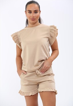 Women's Frill Peplum Short Sleeve Top Shorts Co-ord Set
