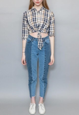 VINTAGE 1990'S BLUE TARTAN PRINT TIE UP CROP SHIRT