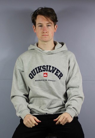 VINTAGE QUIKSILVER HOODIE IN GREY WITH EMBROIDERED SPELL OUT