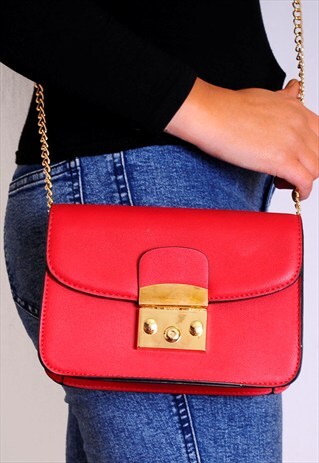 RED GOLD CHAIN CROSS BODY SATCHEL HANDBAG