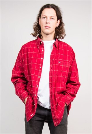 VINTAGE 90'S TOMMY HILFIGER RED CHECK PATTERN SHIRT