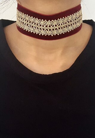 MEDIUM VELVET- MAROON & DETAILED METALLIC LACE CHOKER- GOLD