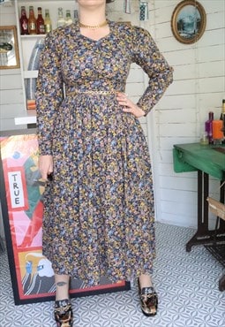 Revival 50s Navy Floral Flower Flowery Pattern Maxi Dress