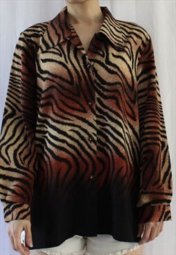 Vintage Blouse Tiger Print T318 Long Sleeves Size S