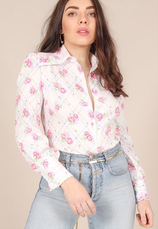 VINTAGE 70S FLORAL GRID PRINT BLOUSE