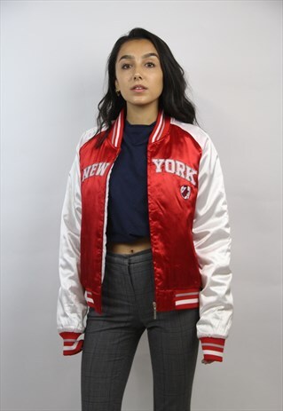 VINTAGE NEW YORK PRINT SATIN BOMBER JACKET
