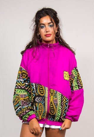 VINTAGE 90'S PINK CRAZY WAVEY PATTERN SHELL TRACKSUIT JACKET