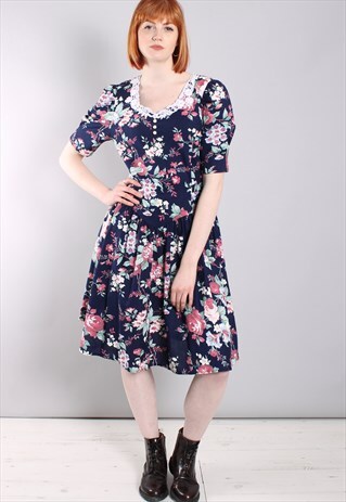 VINTAGE 80S FLORAL FITTED TIE BACK DRESS
