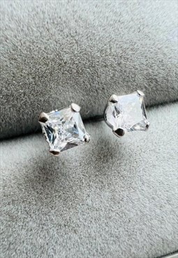 Square Rhodium Plated CZ Classic Studs 925 Sterling Silver