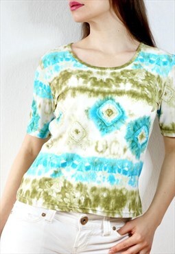 Vintage Tie Dye T-shirt Bright Palms Print Tee Y2k Mesh Top