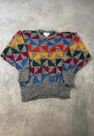 VINTAGE KNITTED JUMPER ABSTRACT FUNKY PATTERNED SWEATER