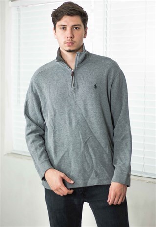VINTAGE POLO RALPH LAUREN 1/4 ZIP JUMPER LOGO 90S L 19.3