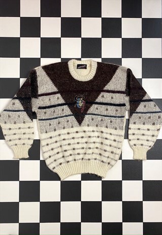 VINTAGE 80S WHITE BROWN CHUNKY WOOL KNIT CRAZY JUMPER