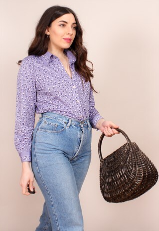 VINTAGE 70S LILAC FLORAL PRINT BLOUSE