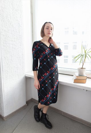 VINTAGE 80'S BLACK PATTERNED WRAP MIDI DRESS