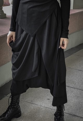 KOREAN STYLE HAREM TROUSERS WITH SEWN FLAPS IN BLACK
